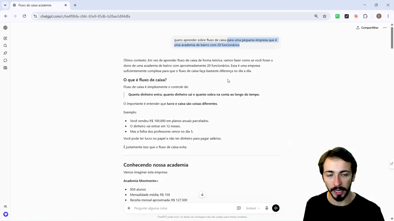 Resposta do ChatGPT explicando fluxo de caixa com o exemplo de uma academia de bairro