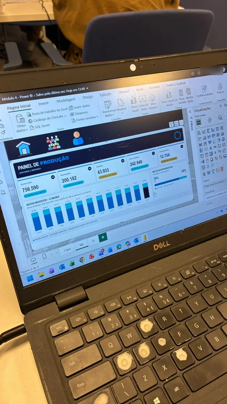 Notebook com o Power BI aberto mostrando um Painel de Produção com indicadores de novas vidas, renovações, sinistros, novas apólices e cancelamentos