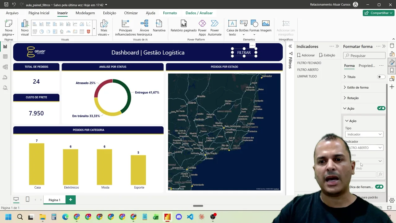 Painel Formatar forma do Power BI com a Ação ligada, tipo Indicador e o indicador Filtro aberto selecionado