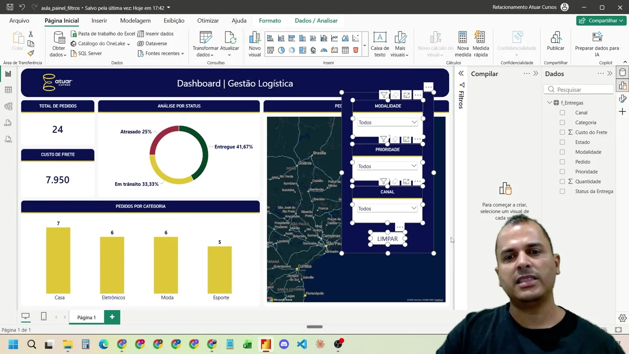 Segmentações, botão Limpar e fundo do painel selecionados juntos no Power BI para agrupar