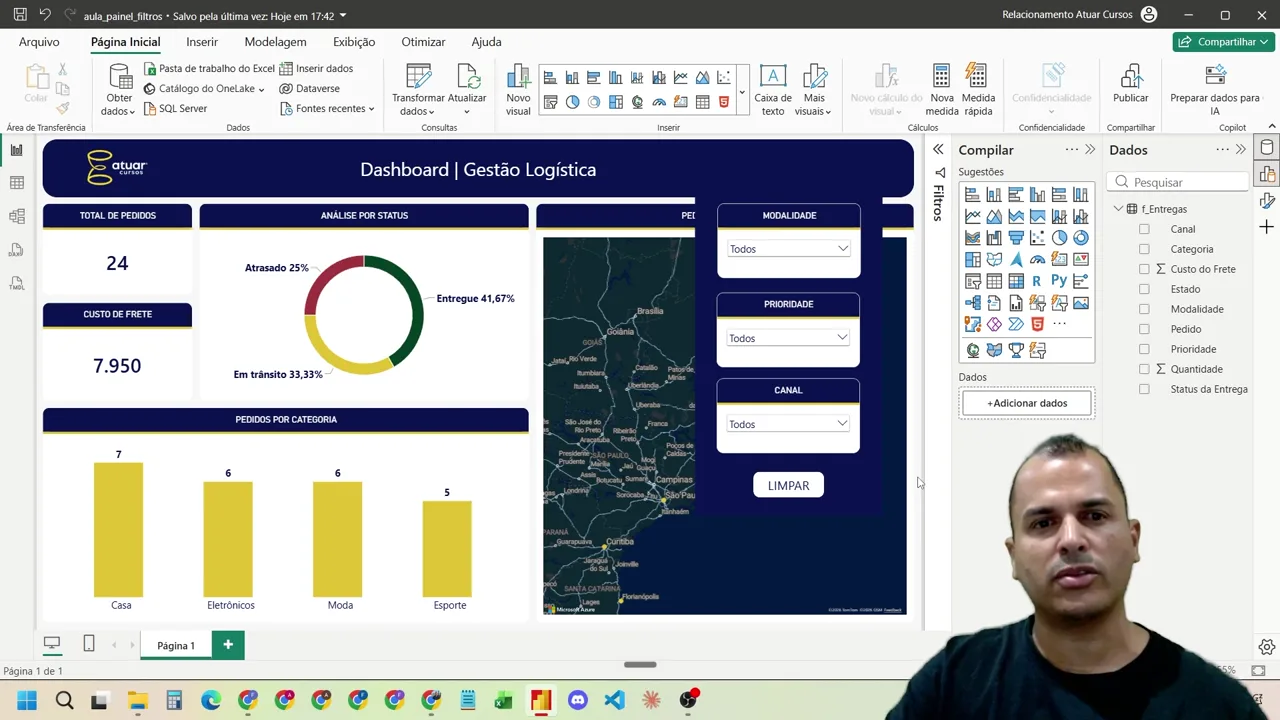 Dashboard do Power BI com o painel de filtros aberto mostrando as segmentações Modalidade, Prioridade e Canal e o botão Limpar