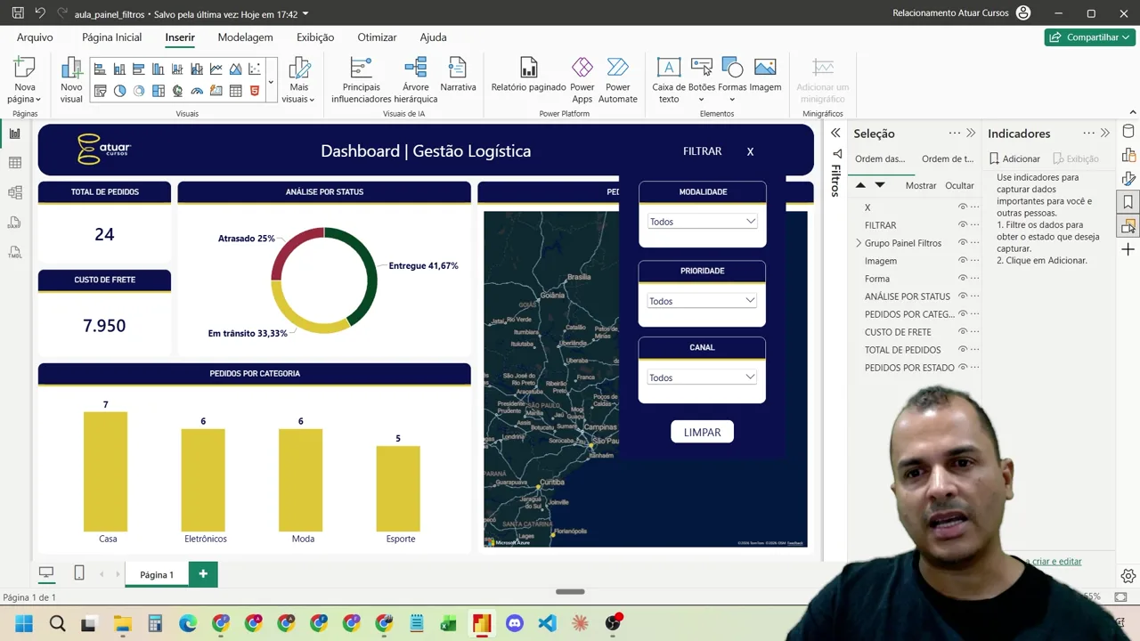 Painéis Seleção e Indicadores abertos no Power BI com o grupo do painel de filtros e os botões Filtrar e X