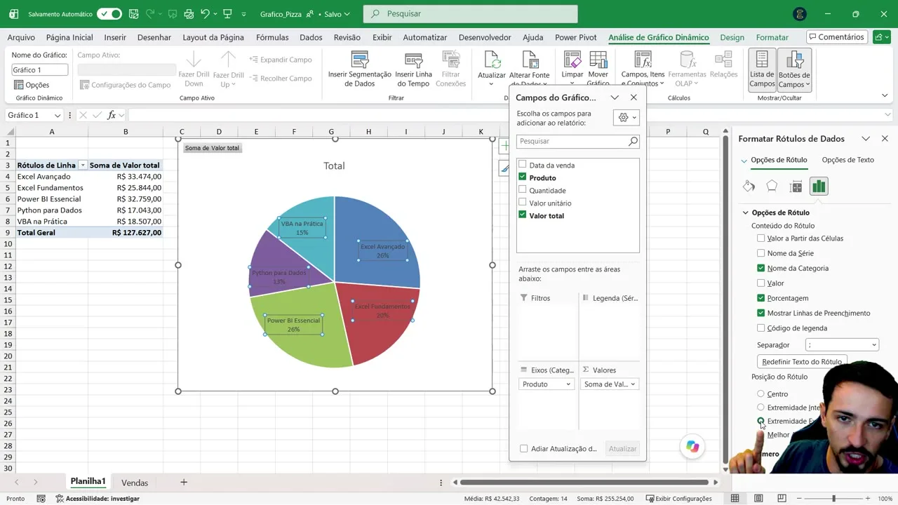 Painel Formatar Rótulos de Dados no Excel com Nome da Categoria e Porcentagem marcados