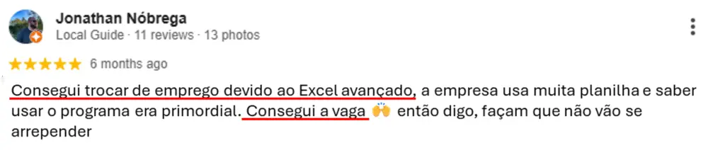 Avaliação 5 estrelas: conseguiu trocar de emprego graças ao Excel avançado