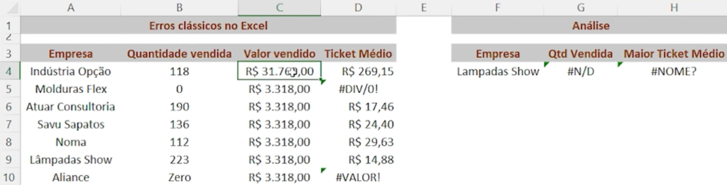 Tipos de erro no Excel | Atuar Cursos