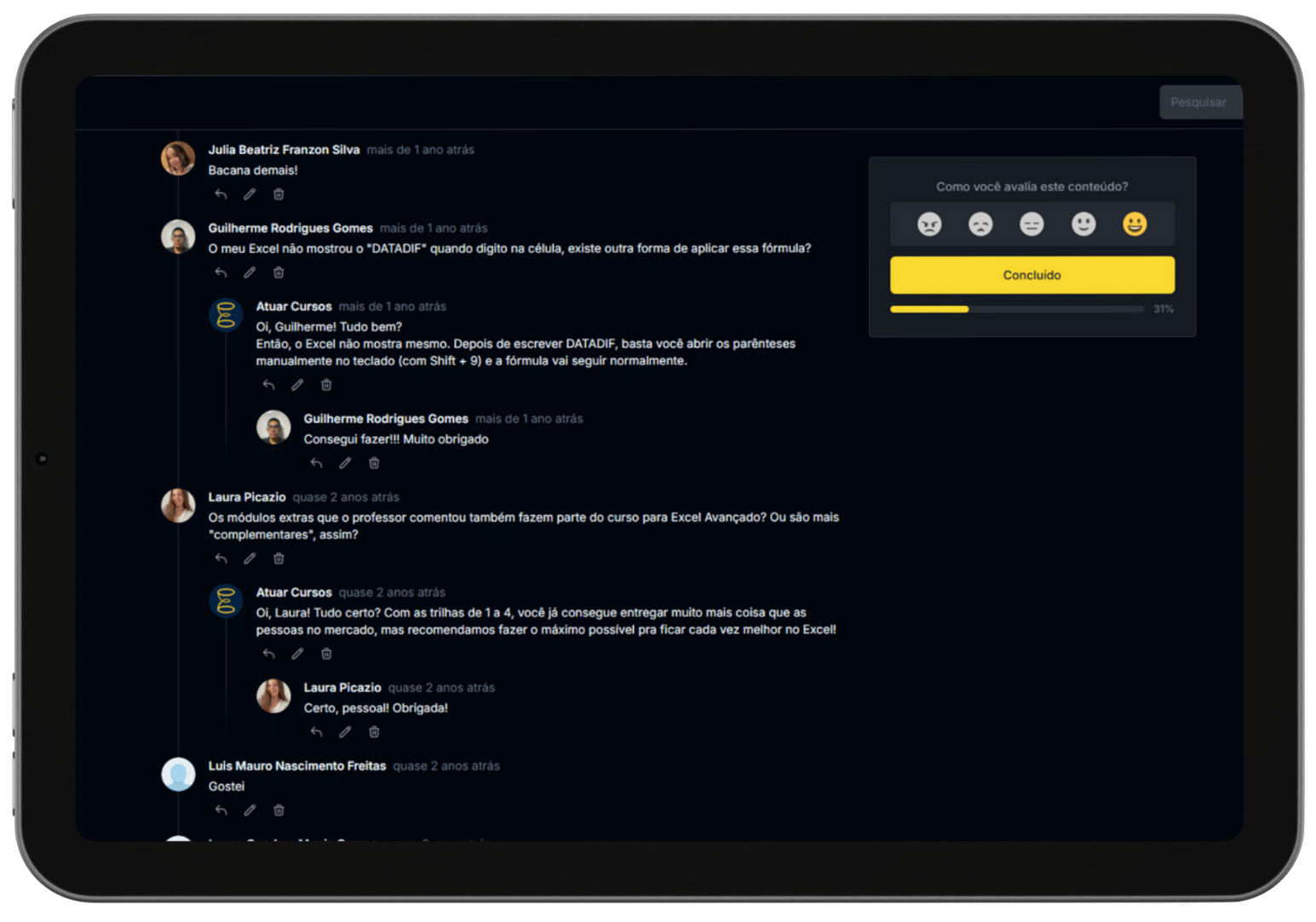 Área de comentários da plataforma online da Atuar